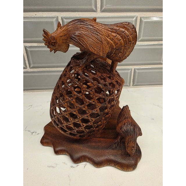 Mid-Century Balinese Teak Cockfighter With Double-Rooster Openwork Cage Sculpture For Sale - Image 4 of 12