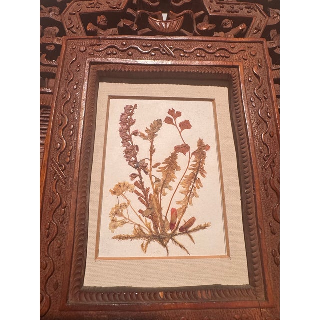 Chinese Antique Chinese Hand-Carved Wooden Frame With Carved Figures in Frame and Pressed Flowers. For Sale - Image 3 of 12