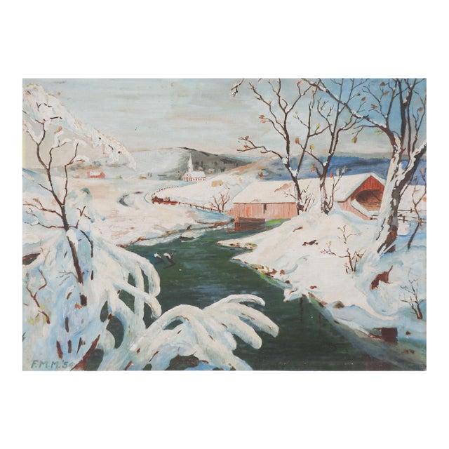Mid 20th Century Winter Snow Covered Bridge Painting For Sale