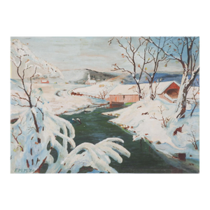 Mid 20th Century Winter Snow Covered Bridge Painting