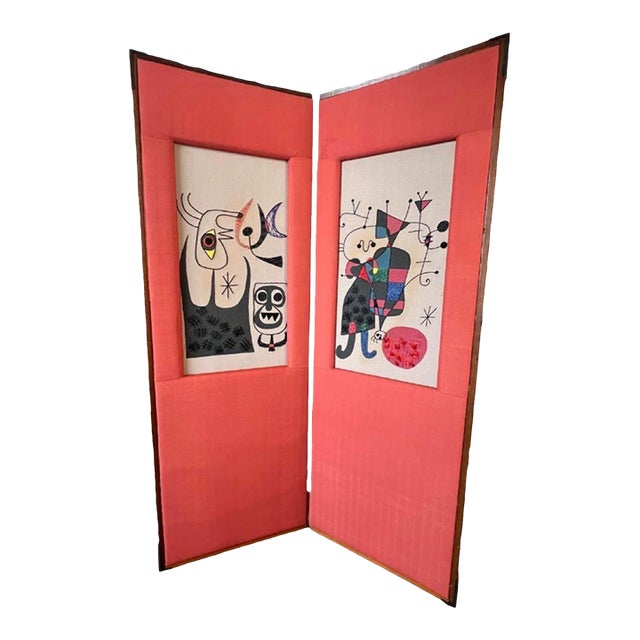 Vintage Mid Century Modern Needlepoint Joan Miro Style Small Room Divider Wall Art Faux Bamboo Abstract For Sale