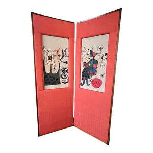 Vintage Mid Century Modern Needlepoint Joan Miro Style Small Room Divider Wall Art Faux Bamboo Abstract