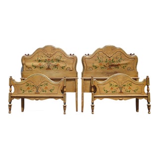 Pair Vintage French Provincial Hand Painted Gold Floral Twin Headboards W Rails For Sale