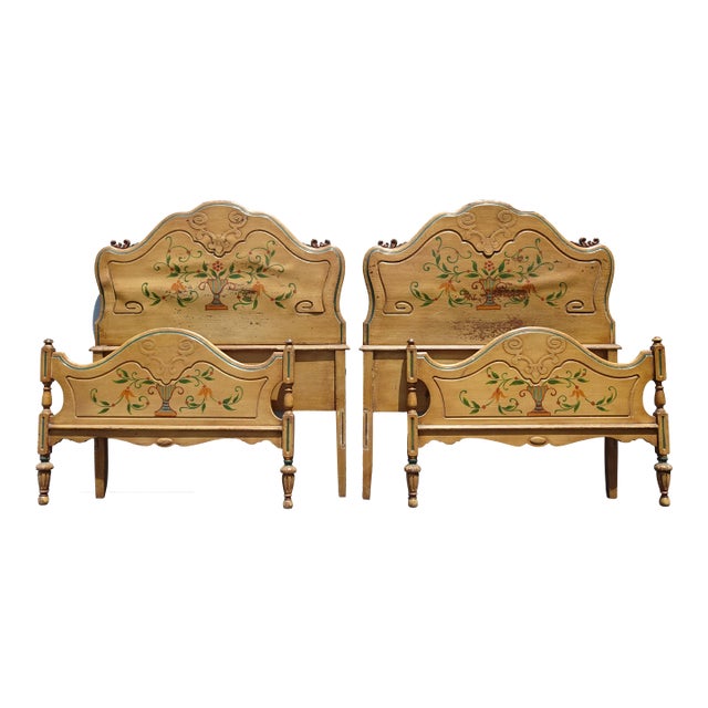 Pair Vintage French Provincial Hand Painted Gold Floral Twin Headboards W Rails For Sale