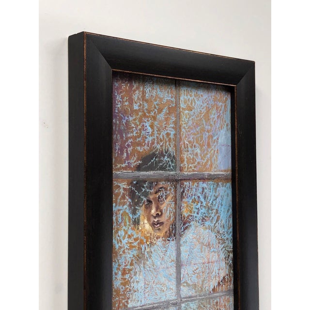 Abstract Frozen Lightning by Lisa Fricker | Oil on Board Portrait of a young person behind a frosted window. For Sale - Image 3 of 4