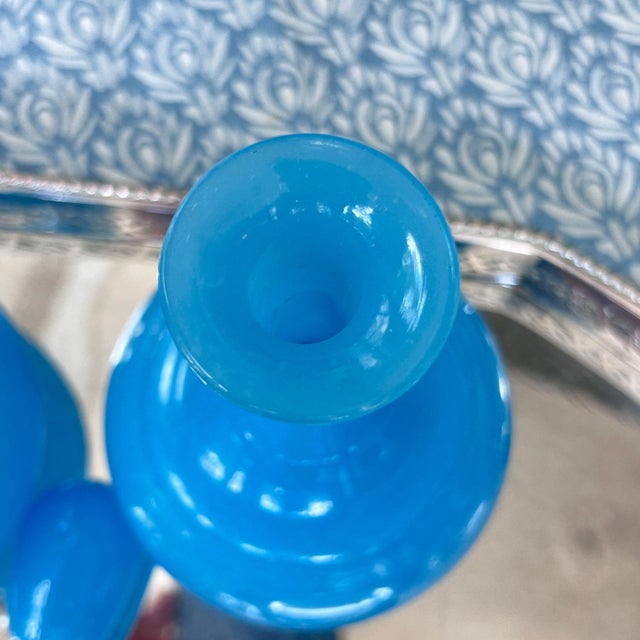 1960s Beautiful pair of antique French blue opaline glass decanters with stoppers // large perfume / scent bottles // vanity decor // boudoir For Sale - Image 5 of 9