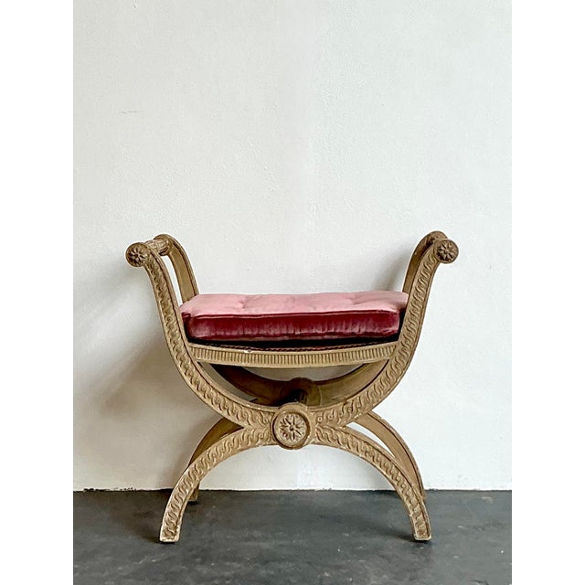 Rose Vintage French Regency Carved Curule Bench For Sale - Image 8 of 12