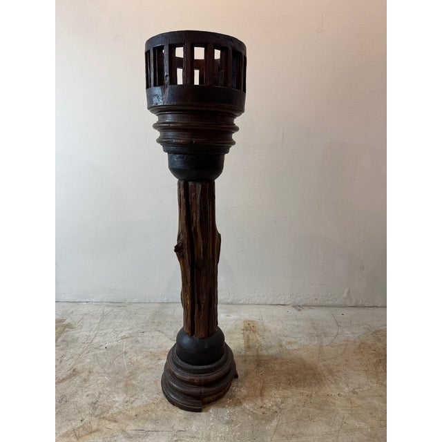 Wood Antique Rustic Wooden Plant Stand With Wheel Axle Base For Sale - Image 7 of 8