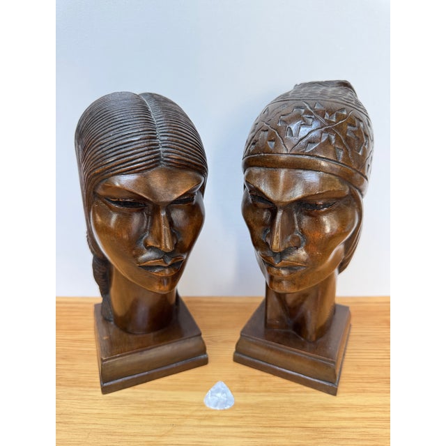 1940s Signed Silva Art Deco Carved Wood Busts - A Pair For Sale - Image 11 of 11
