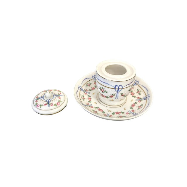 Late 19th Century Antique Marie Antoinette Inspired Ribbon Decorated French Porcelain Covered Jar With Underdish For Sale - Image 5 of 7