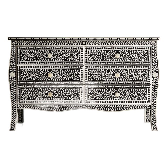 French-Inspired Arabesque Inlay Six-Drawer Chest – Black by House of Jaipur For Sale
