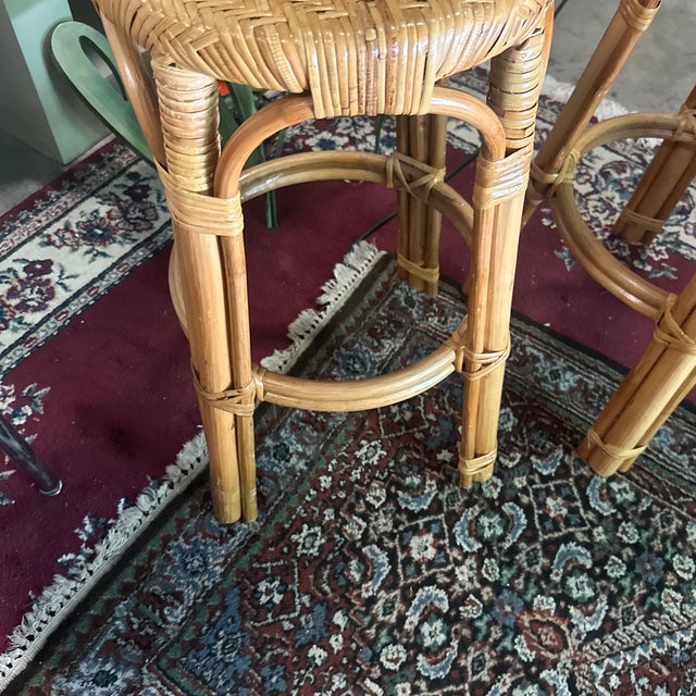 Boho Chic 1970s Pair of Boho Woven Wicker Counter Stools For Sale - Image 3 of 7