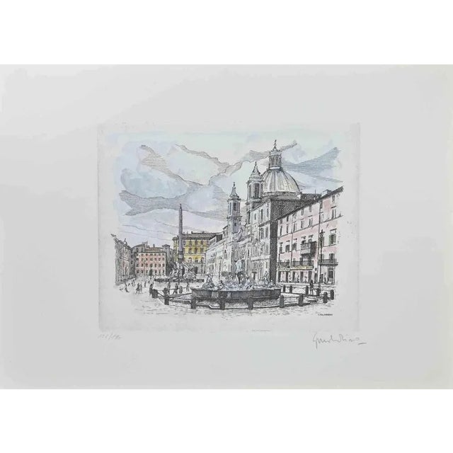 Modern Giuseppe Malandrino, Navona Square, Fountain of 4 Rivers, Etching, 1970s For Sale - Image 3 of 3