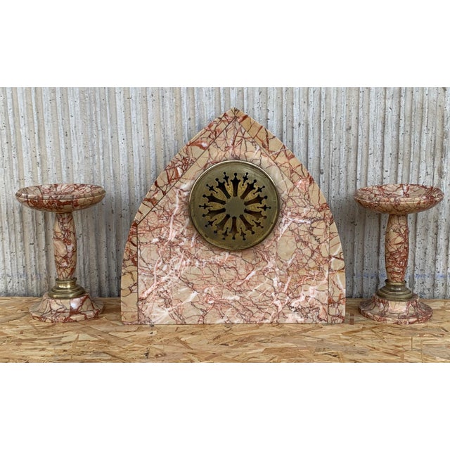 About Art Deco pink marble mantle, desk or chapel clock with bronze details Beautiful design and perfectly working Art...
