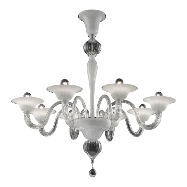 Modern Venetian Murano Glass Chandelier in Transparent and White Tones With Silver Leaf For Sale