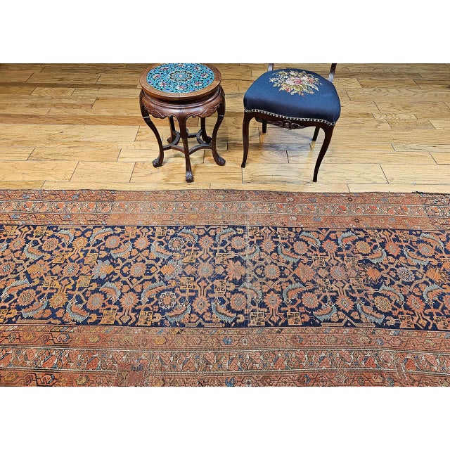 19th Century 19th Century Persian Malayer Runner Rug, Hand-Knotted Wool, Geometric Pattern, 4x 16, Rust-Red & Blue For Sale - Image 5 of 16