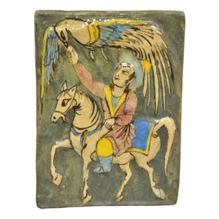Antique Persian Iznik Qajar Style Ceramic Pottery Green Tile Phoenix Rider C4 B For Sale