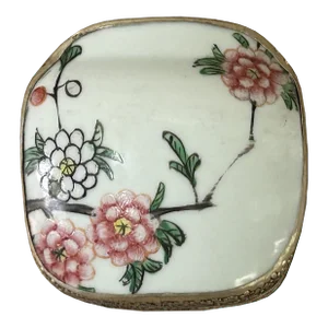 3.5" Chinese Old White Base Pink Flower Graphic Porcelain Art Pewter Box