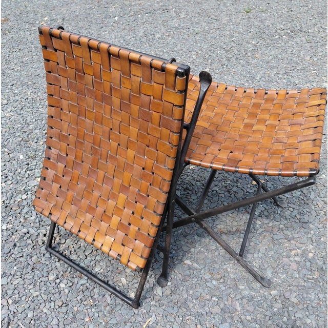 Vintage Iron and Leather Folding Stools a Pair For Sale - Image 9 of 10