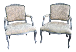 Pair French Style Paint Decorated Carved Open Armchairs