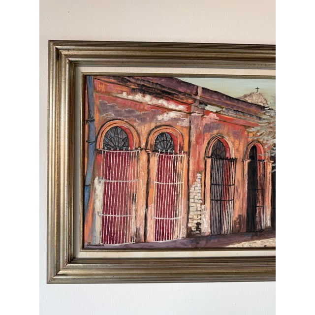 1980s Vintage Spanish Colonial Architectural Streetscape Oil on Canvas – Framed For Sale - Image 5 of 9