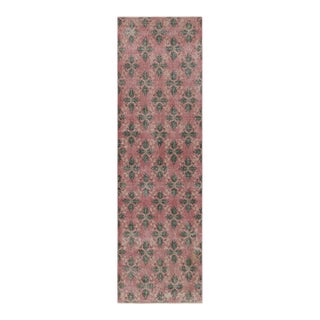 Vintage Distressed Runner Rug, Mauve and Green Floral Geometric Pattern For Sale