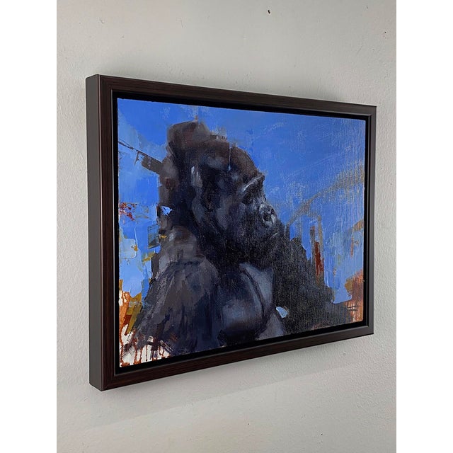 Contemporary Pensive Moment by Calvin Lai | Oil on canvas and wood panel Gorilla in profile against a blue background For Sale - Image 3 of 3