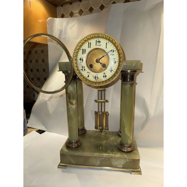 Late 19th Century 19th Century French Green Onyx Portico Mantel Clock For Sale - Image 5 of 10