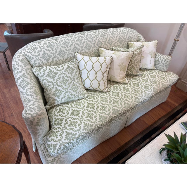 Traditional Pair of Kravet Traditional Skirted Sofas in Sage Green Damask For Sale - Image 3 of 6