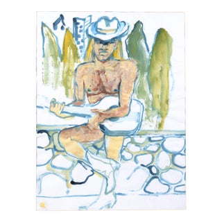 Nude Cowboy and His Guitar - Figurative Abstract on Paper For Sale
