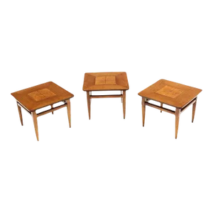 Three American Burl Walnut Square End Side Occasional Tables Stands - Set of 3