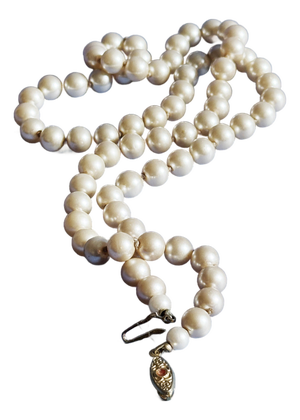 Vintage Mid Century Japanese Glass Faux Pearl Necklace With Filigree Fishhook Clasp
