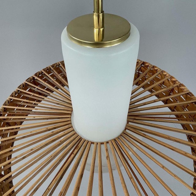 Rattan and Frosted Glass Pendant attributed to Doria, Germany, 1960s For Sale - Image 6 of 17