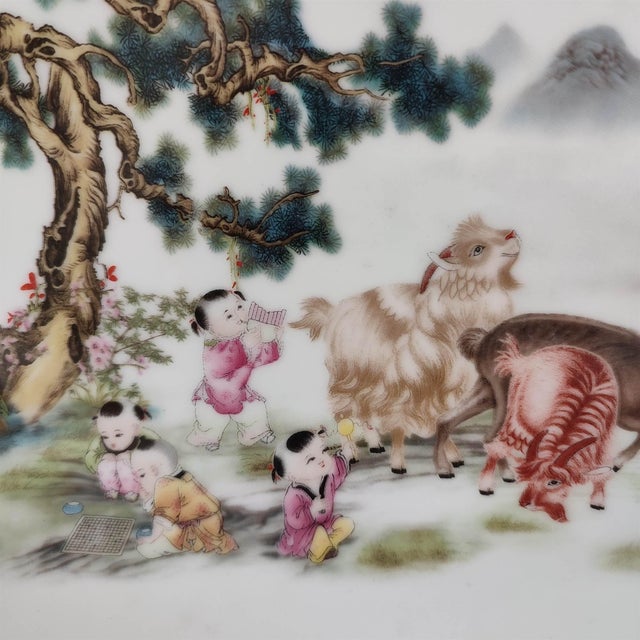 Ceramic Chinese Ceramic Plate,Famille Rose Porcelain Plate Hand Painted Three Sheep and Playing Children Pattern For Sale - Image 7 of 11