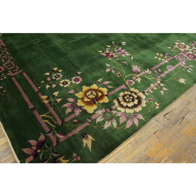 1920s Green Floral Modern Antique Chinese Art Deco Rug 9' X 11' 6" Handknotted Wool Carpet For Sale - Image 4 of 6