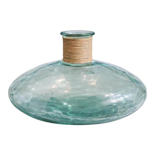 Large Aqua Glass Demijohn Vessel With Twine-Wrapped Neck – 17” Mediterranean Coastal Bottle For Sale