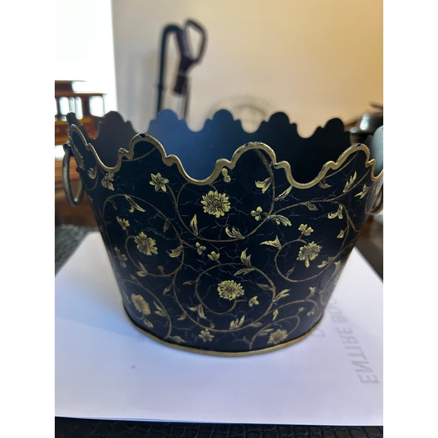 Mid-20th Century Toleware Black with Gold Floral Design. Size is 8" Long x 7" Wide x 5" Tall. Excellent Condition,...