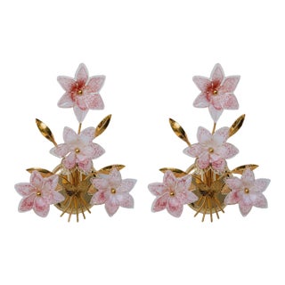 1970s Murano Wall Light Pink Flowers - Set of 2 For Sale