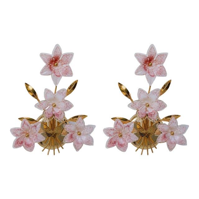 1970s Murano Wall Light Pink Flowers - Set of 2 For Sale
