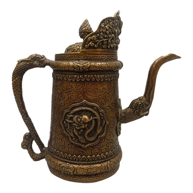 Vintage Embossed Brass Ewer With Dragon Handle & Mythical Motifs For Sale