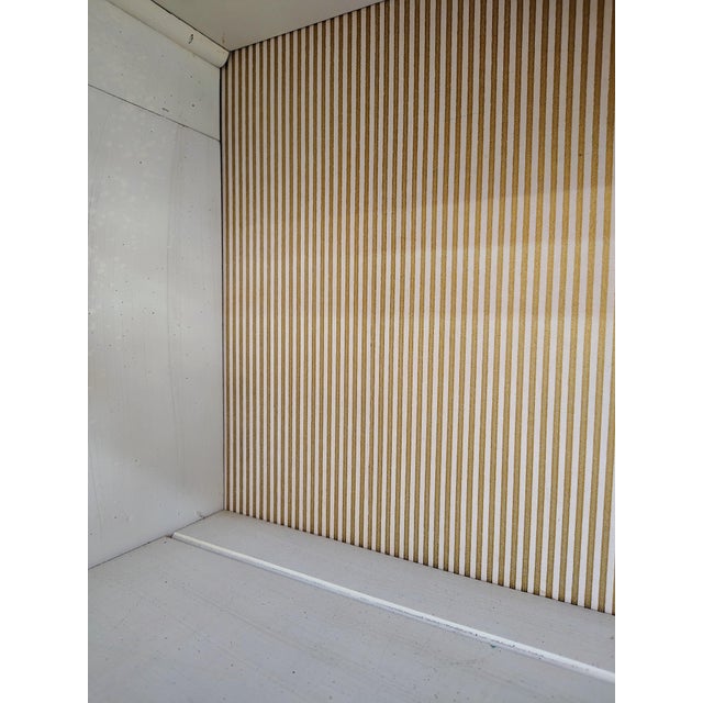 Vintage Chamberlain’s Two-Piece Walnut Display Cabinet With Lighting With Striped Interior For Sale - Image 14 of 14