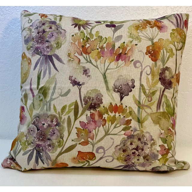 20” Square Pillow With a Purple and Orange Watercolor-Like Floral Print - Made in U K For Sale - Image 12 of 12