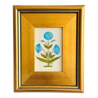 Original Hand-Painted Blue Floral Motif Paining, Framed For Sale