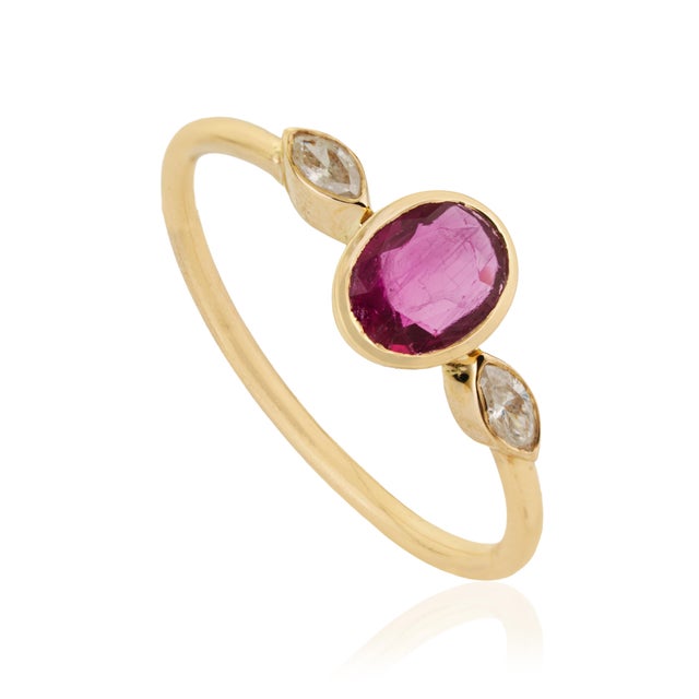 Modern Ruby & Marquise Diamond Three-Stone Bezel Set Ring 14k Yellow Gold Size 4 For Sale - Image 4 of 16