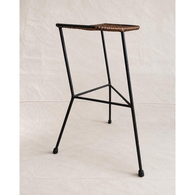 Mid-Century Rattan Cane and Iron Bar Stool attributed to Dennis Lennon, 1950s For Sale - Image 9 of 9