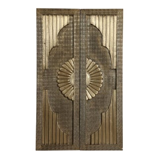 Vintage Brass-Clad Hand-Carved Sliding Barn Door With Artisan Detailing 80x48 For Sale