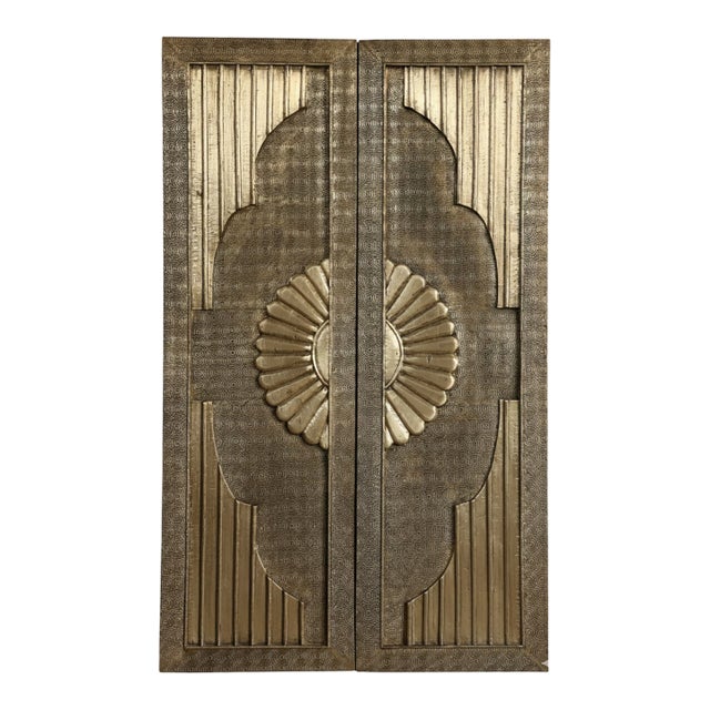 Vintage Brass-Clad Hand-Carved Sliding Barn Door With Artisan Detailing 80x48 For Sale