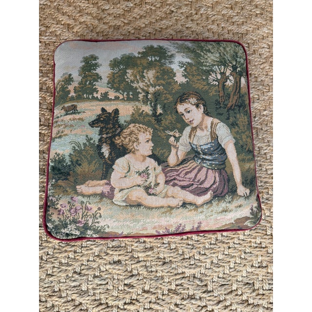 Vintage French country pastoral scene, Bucolic Tapestry Pillow with Young Woman, Small Child, and a Dog. Jacquard woven...