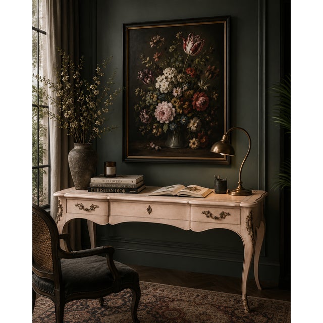 1960s Vintage John Widdicomb Factory Custom Blush Pink Louis XV Style Tooled Leather Top Writing Desk For Sale - Image 5 of 11