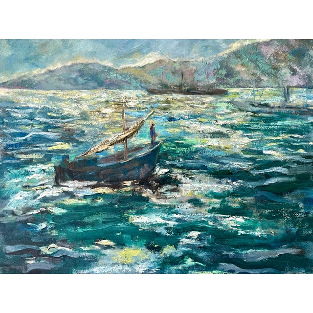 Large, expressive brushstrokes in a kaleidoscope of greens and blues make up this vintage impressionist seascape. Painted...